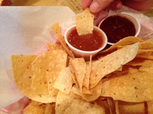 Thin & crispy chips! Mild salsa and hot (l-r). 