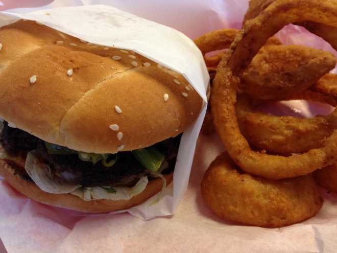 Burger Boy - Green Chile Hamburger with Onion Rings