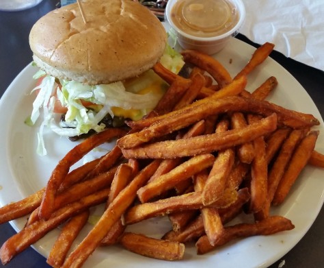 Owl Café Green Chile Cheeseburger and Sweet Potato Fries. 