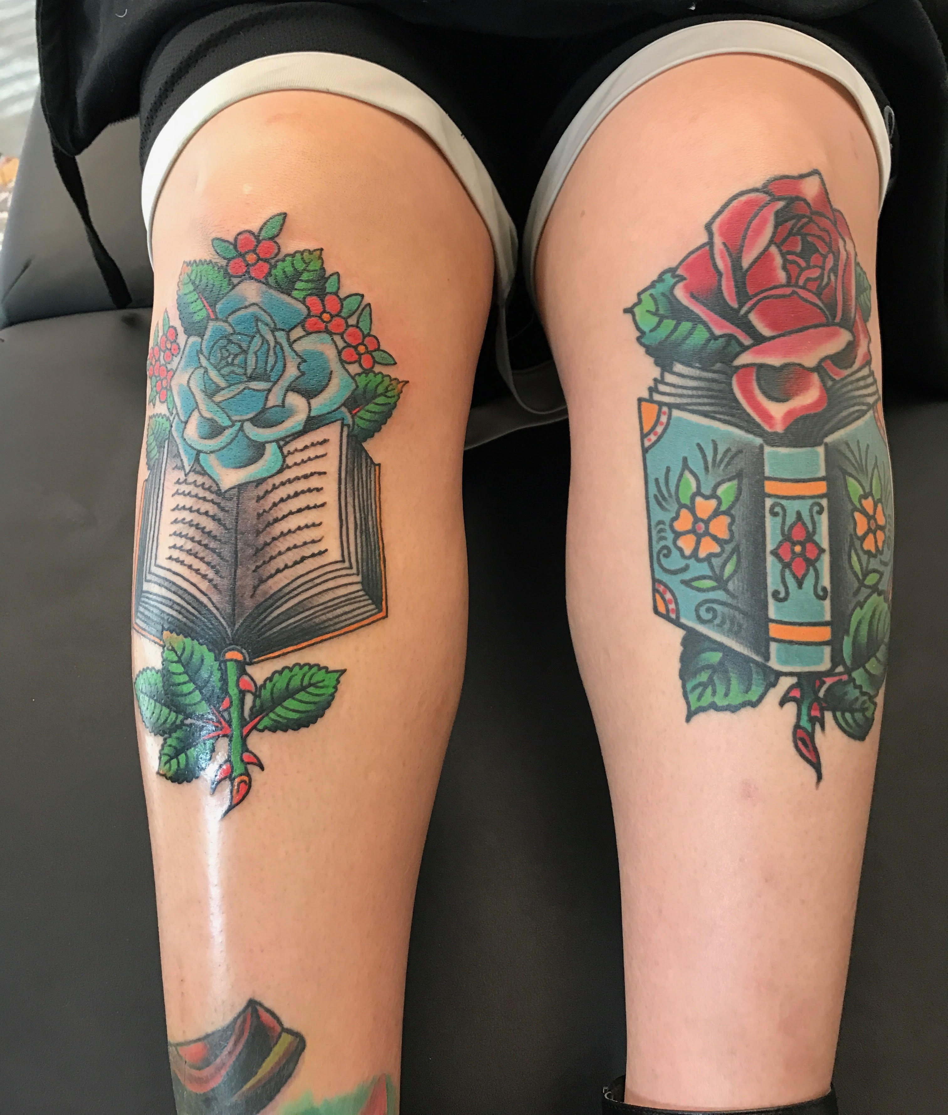 Knee Tattoos New Mexico - roses and books